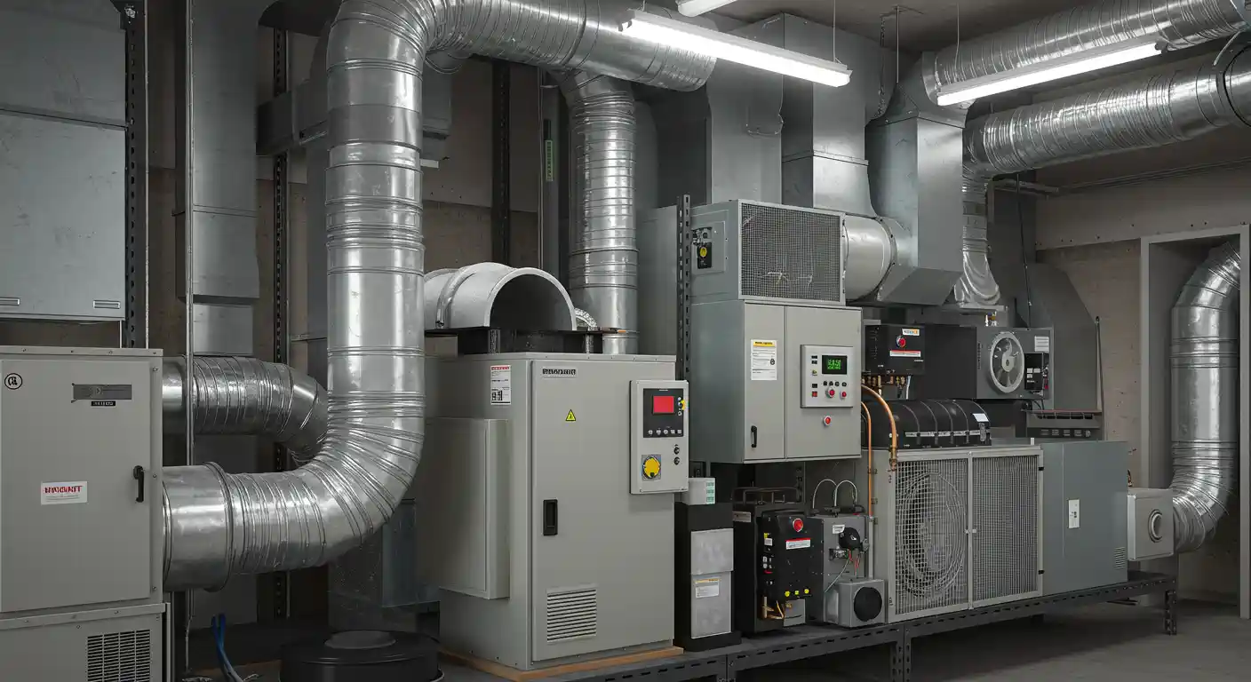 A low-angle interior shot shows a section of a commercial HVAC system installation room. Several large gray air handling units and equipment are connected by an extensive network of shiny, silver galvanized steel ductwork, including both rigid rectangular and flexible round ducts. The equipment features control panels and is installed on a metal frame base.