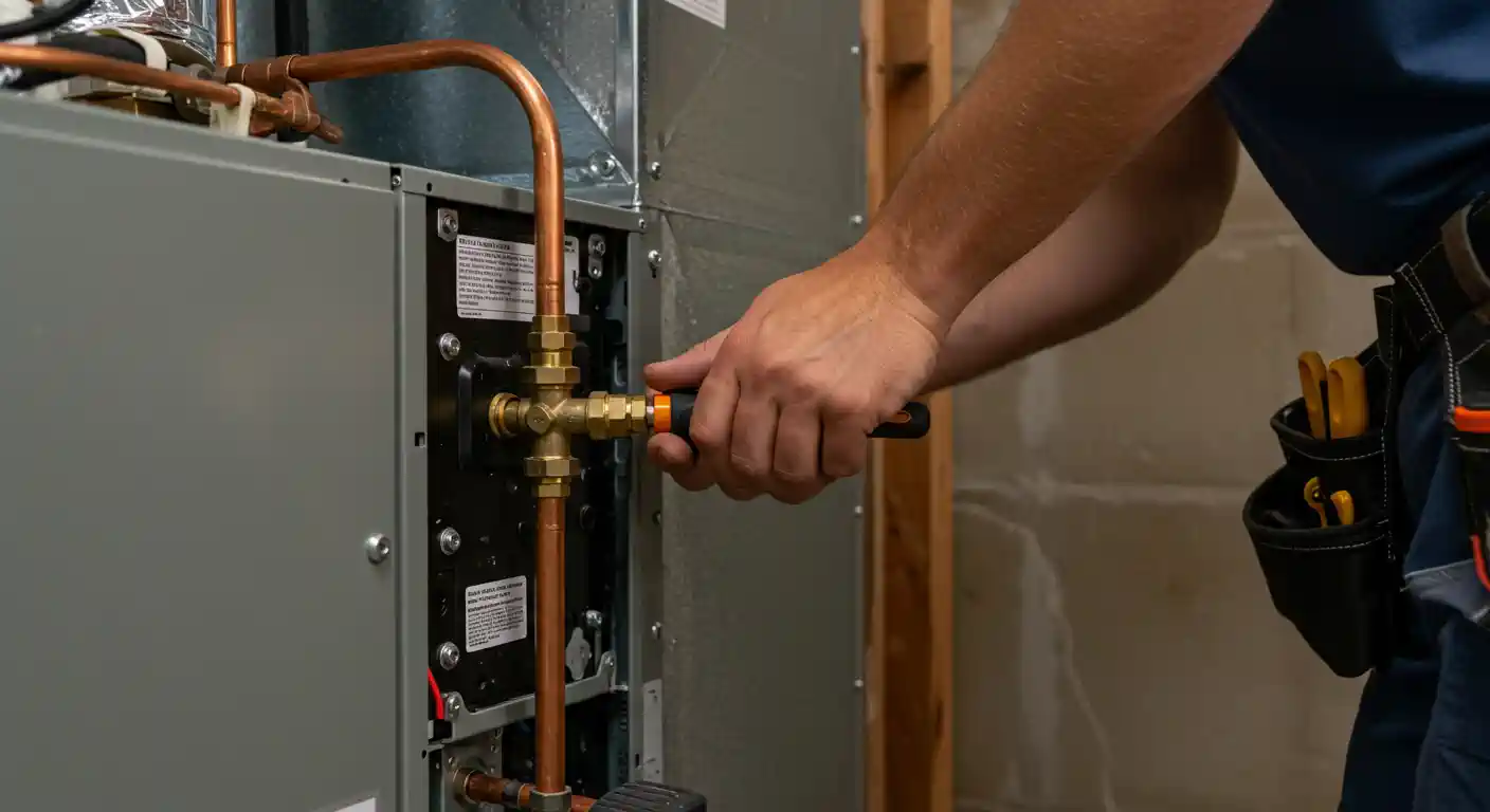 A medium close-up shot of an HVAC technician wearing a tool belt, whose hands are adjusting a brass valve connected to copper refrigeration lines on the side of a gray air conditioning or furnace unit. The installation is taking place in an unfinished area with exposed wooden framing and a block wall visible in the background.