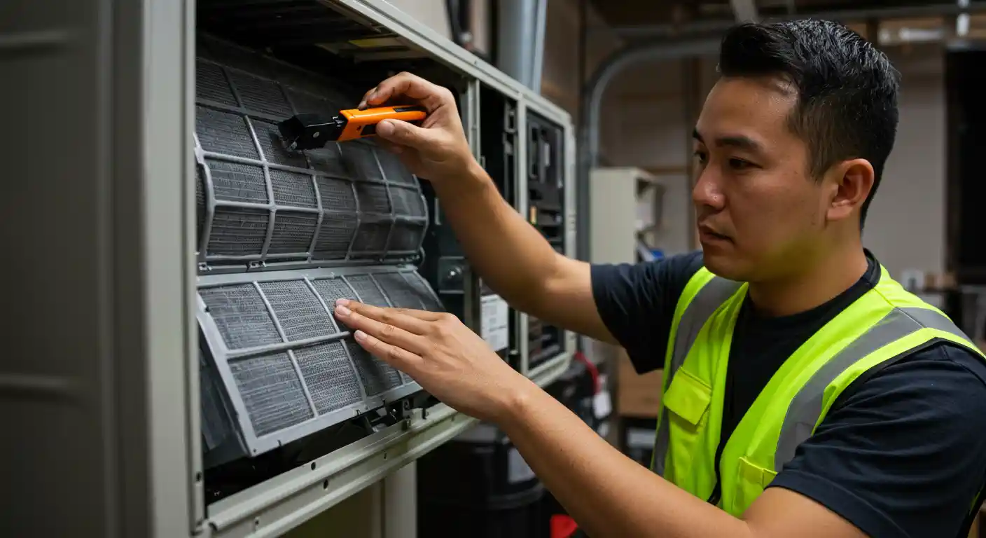 A man wearing a neon yellow safety vest is performing HVAC maintenance in an indoor setting. He is focused on inspecting or removing two rectangular gray air filters from a large air conditioning or handling unit, while holding a small orange and black tool in his right hand.