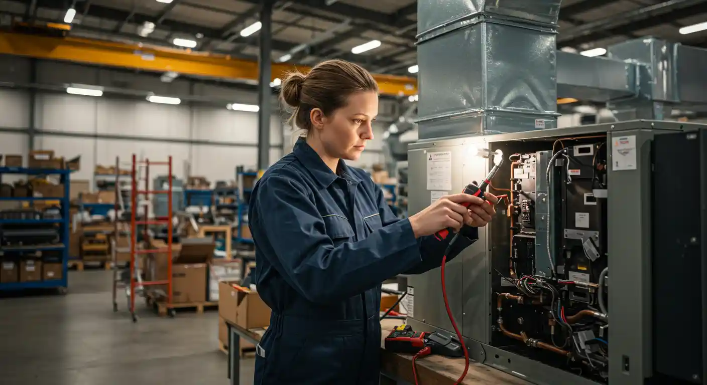 A focused, mid-shot image shows a female HVAC technician wearing a dark blue jumpsuit and a ponytail, working on the internal components of a large gray HVAC unit in a warehouse or workshop. She is holding a red and black electrical multimeter to test the wiring and circuit board. In the background, metal ductwork and storage shelves are visible.