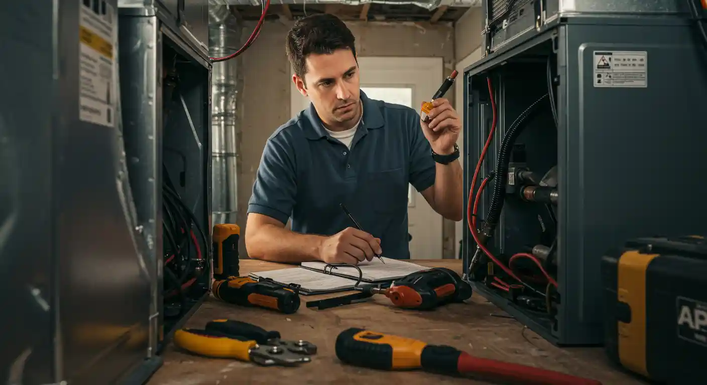 A medium-shot image shows a focused male HVAC technician wearing a dark blue polo shirt, sitting between two large furnace or air handler units in a utility room. He is holding a small component and a testing tool while reviewing notes on a clipboard. Various hand tools with yellow and black handles are scattered on the wooden workbench in the foreground.