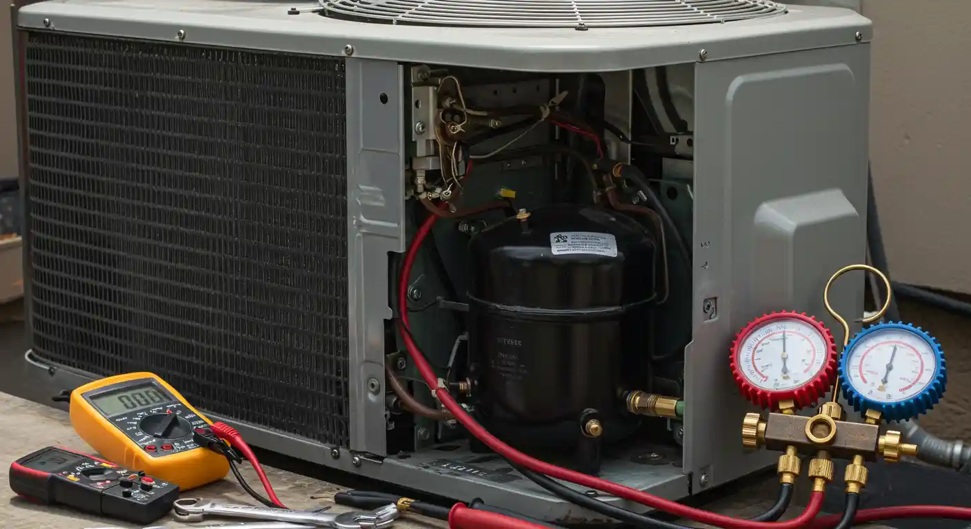 A close-up image of a gray outdoor air conditioning condenser unit with the service panel removed, exposing the black compressor and internal components. In the foreground, a set of refrigerant manifold gauges with red and blue faces and an orange digital multimeter are connected, sitting on a surface next to some wrenches and other HVAC tools.