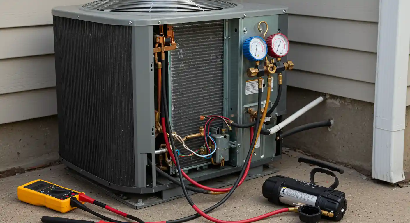 A wide shot of an outdoor HVAC condenser unit with the service panel removed, exposing the internal components and copper refrigeration lines. A set of refrigerant manifold gauges and an orange digital multimeter are connected to the system for diagnostics. A black vacuum pump is resting on the concrete pad next to the unit, which sits against a beige vinyl-sided house.