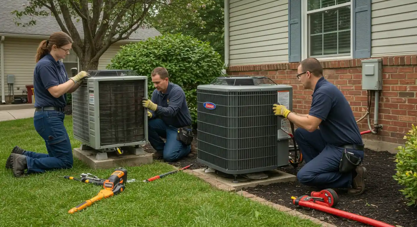 Three technicians servicing outdoor HVAC units.