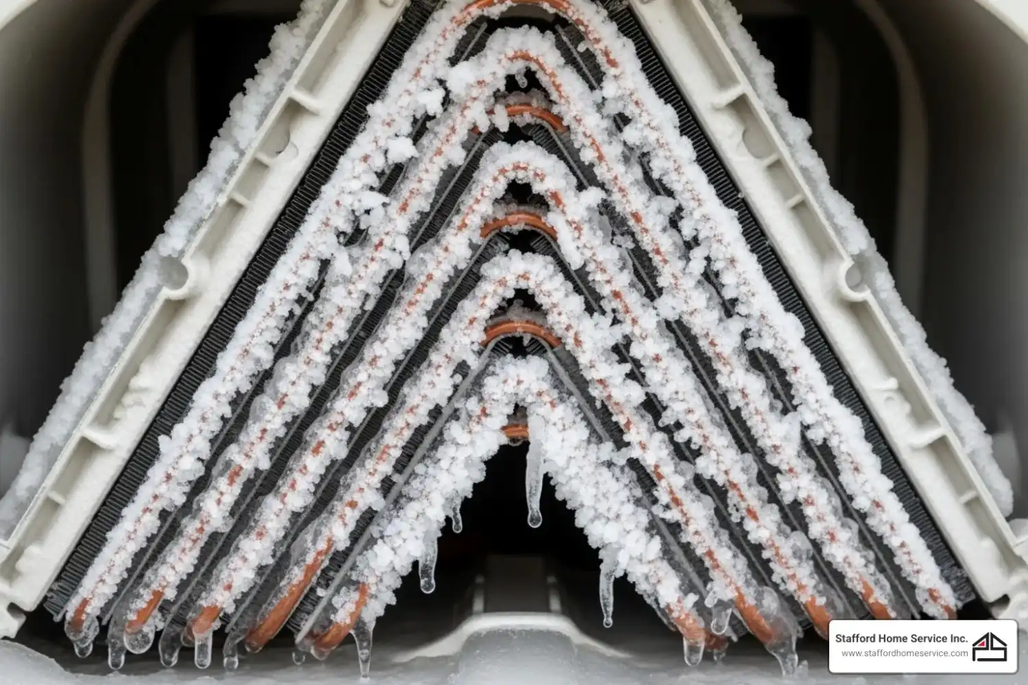 Image of ice buildup on an AC unit's evaporator coils - AC blowing hot