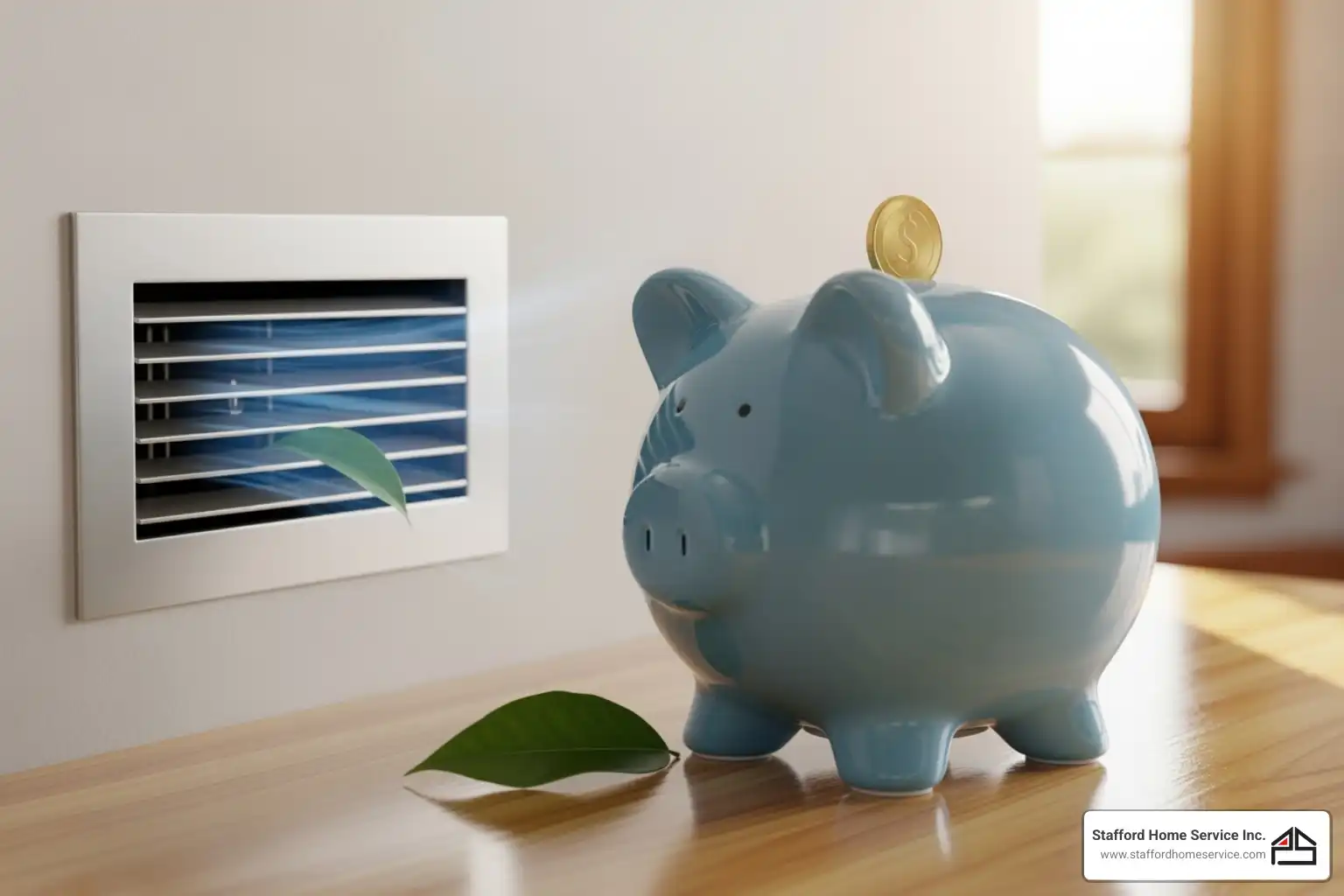 piggy bank next to an air vent, symbolizing energy savings - hvac tune up brooklyn park, mn