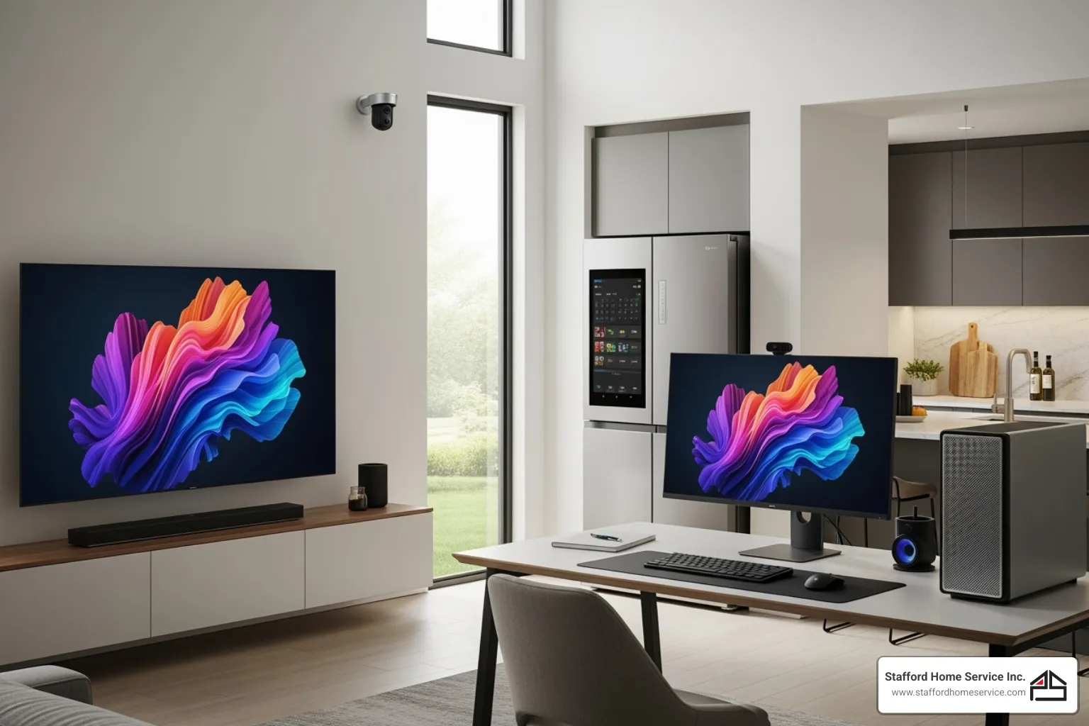 A room with TV, camputer setup, fridge and other many gadgets and electronics