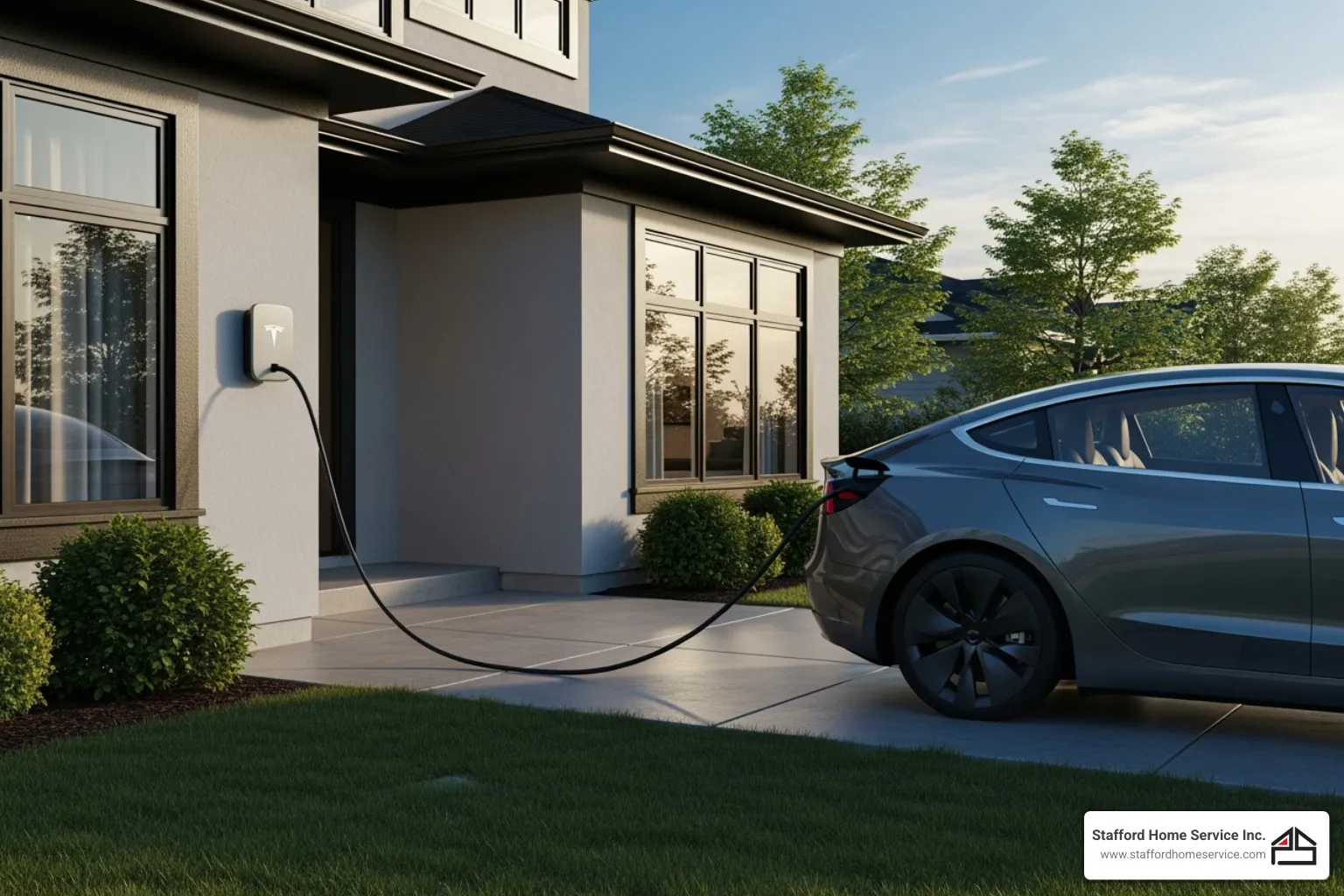 An EV car being charged by a Tesla wall charger placed outside the home