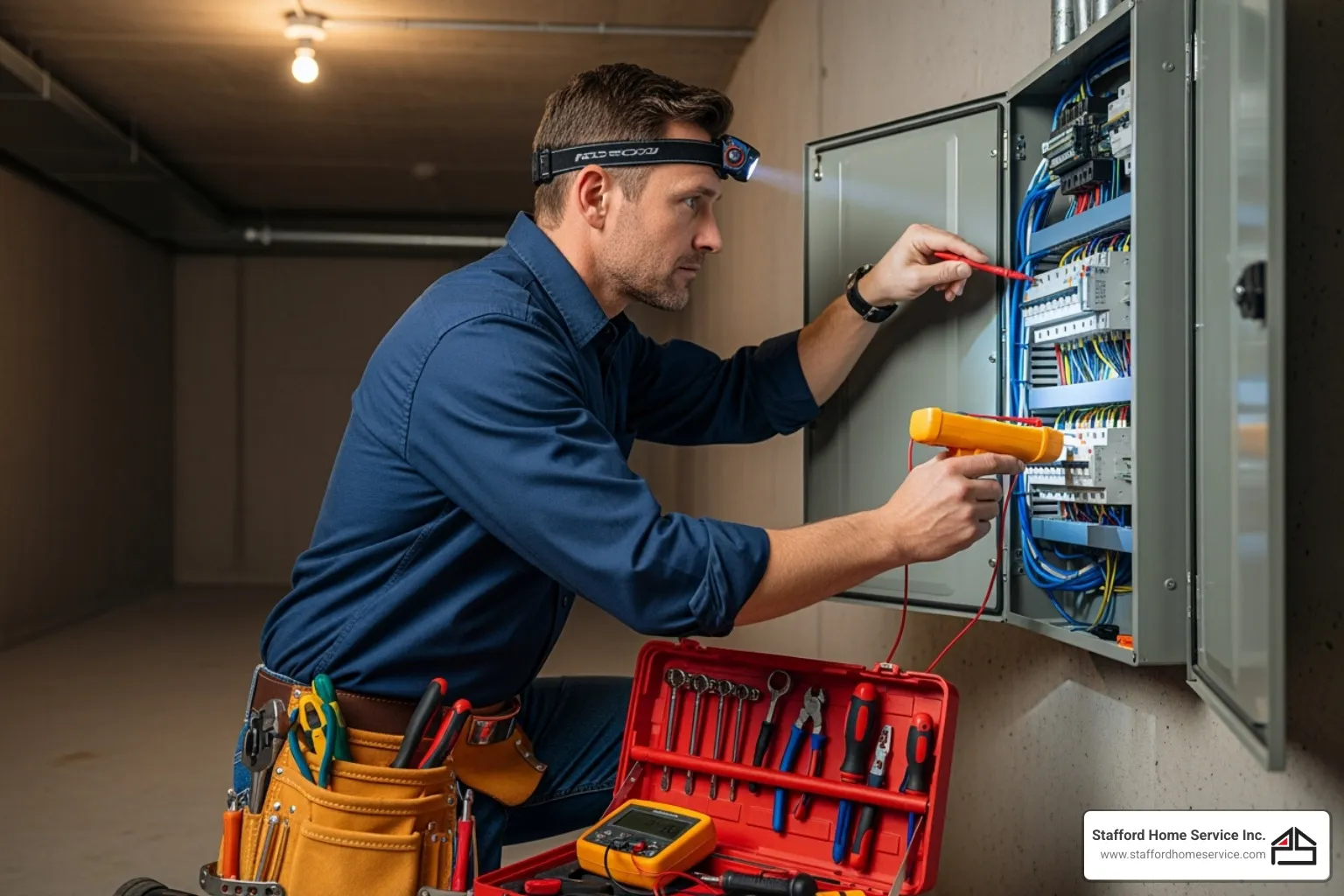 A technician with a head lamp in head is repairing an electrical circuit board