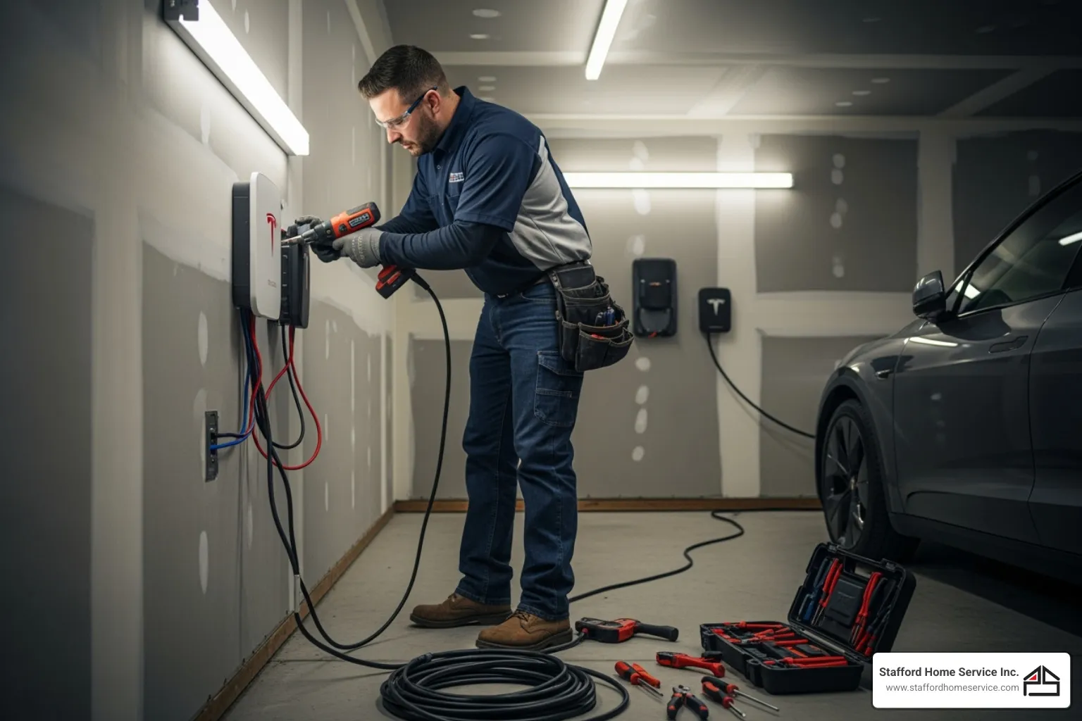 A technician working on installing tesla wall connector