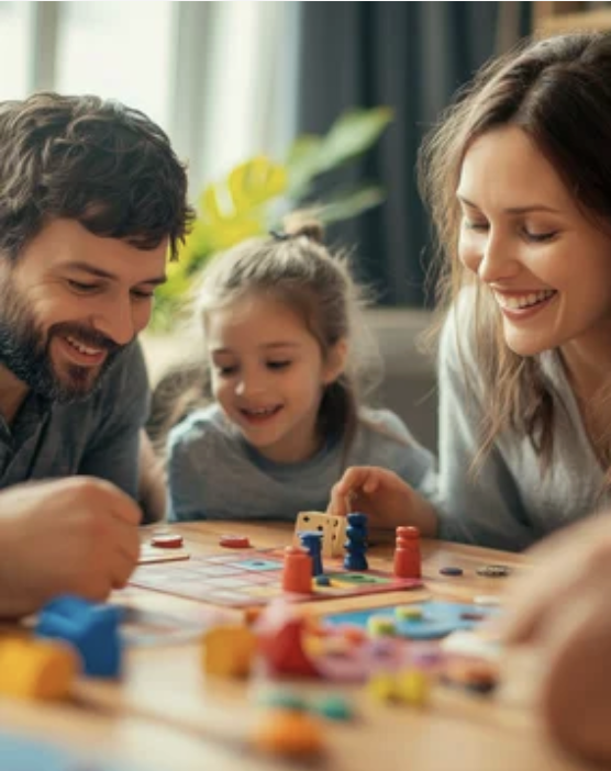 Smiling family of father, mother, and daughter playing a colorful board game together at a table.
