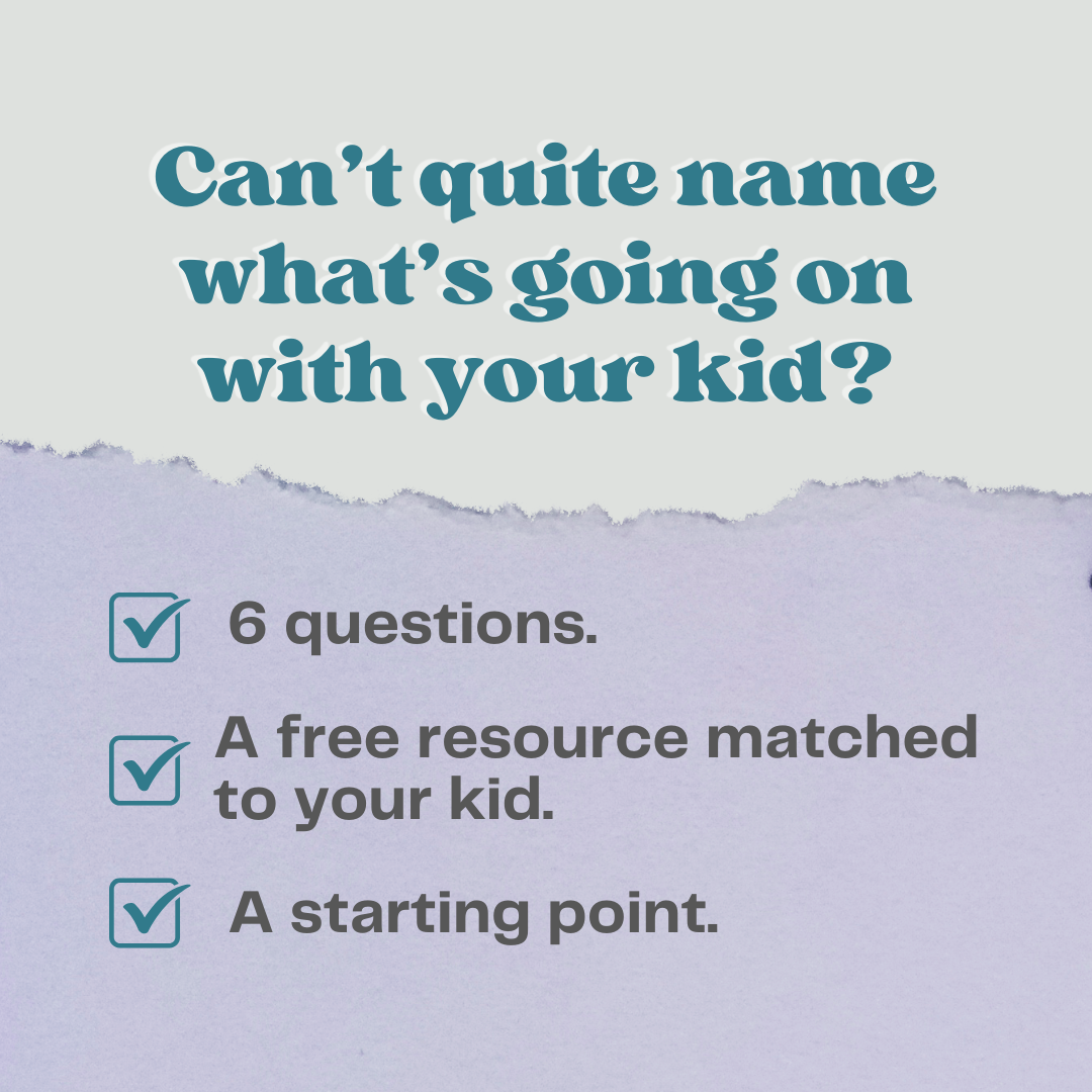 Quiz promo graphic: Can't quite name what's going on with your kid? 6 questions, a free resource matched to your kid, a starting point.