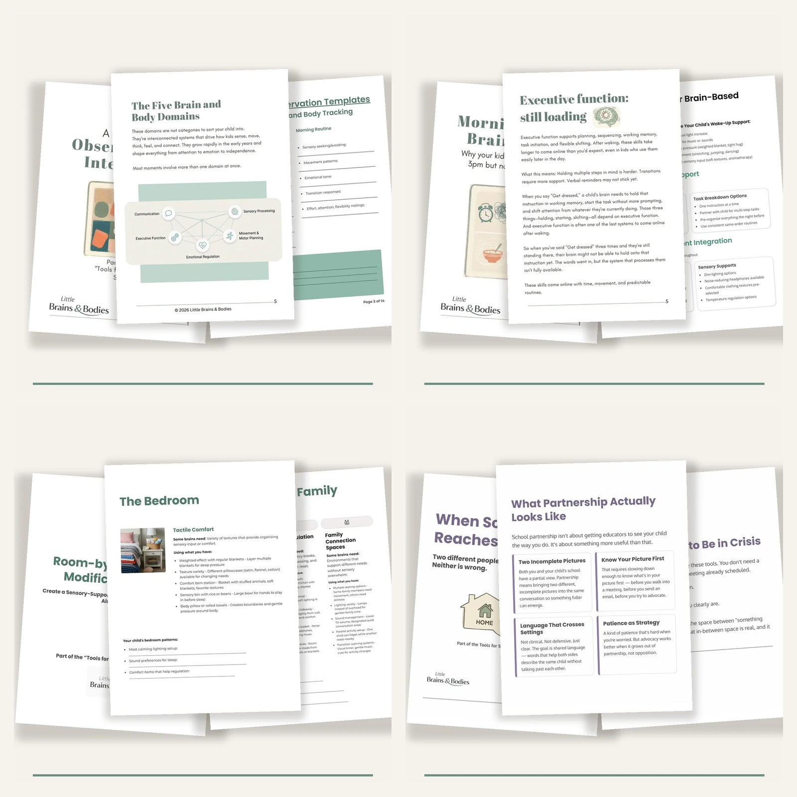 Four toolkits with pages on brain domains, executive function, bedroom setup, and partnerships in education.