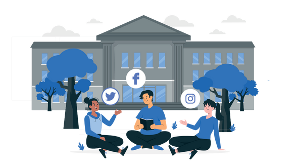 Three people on the ground, interacting with each other, with social media icons illustrated nearby.