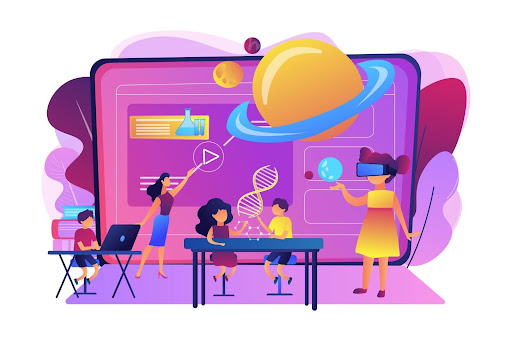 Users don virtual reality goggles to explore and learn about space in an interactive environment.
