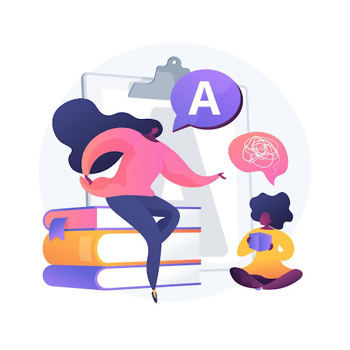 A woman sitting on a pile of books, accompanied by a speech bubble, symbolizing communication or sharing knowledge.