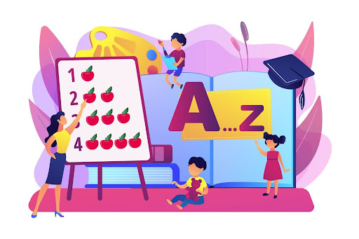 Children are clustered around a board with an apple and the letter A, involved in a fun learning session.