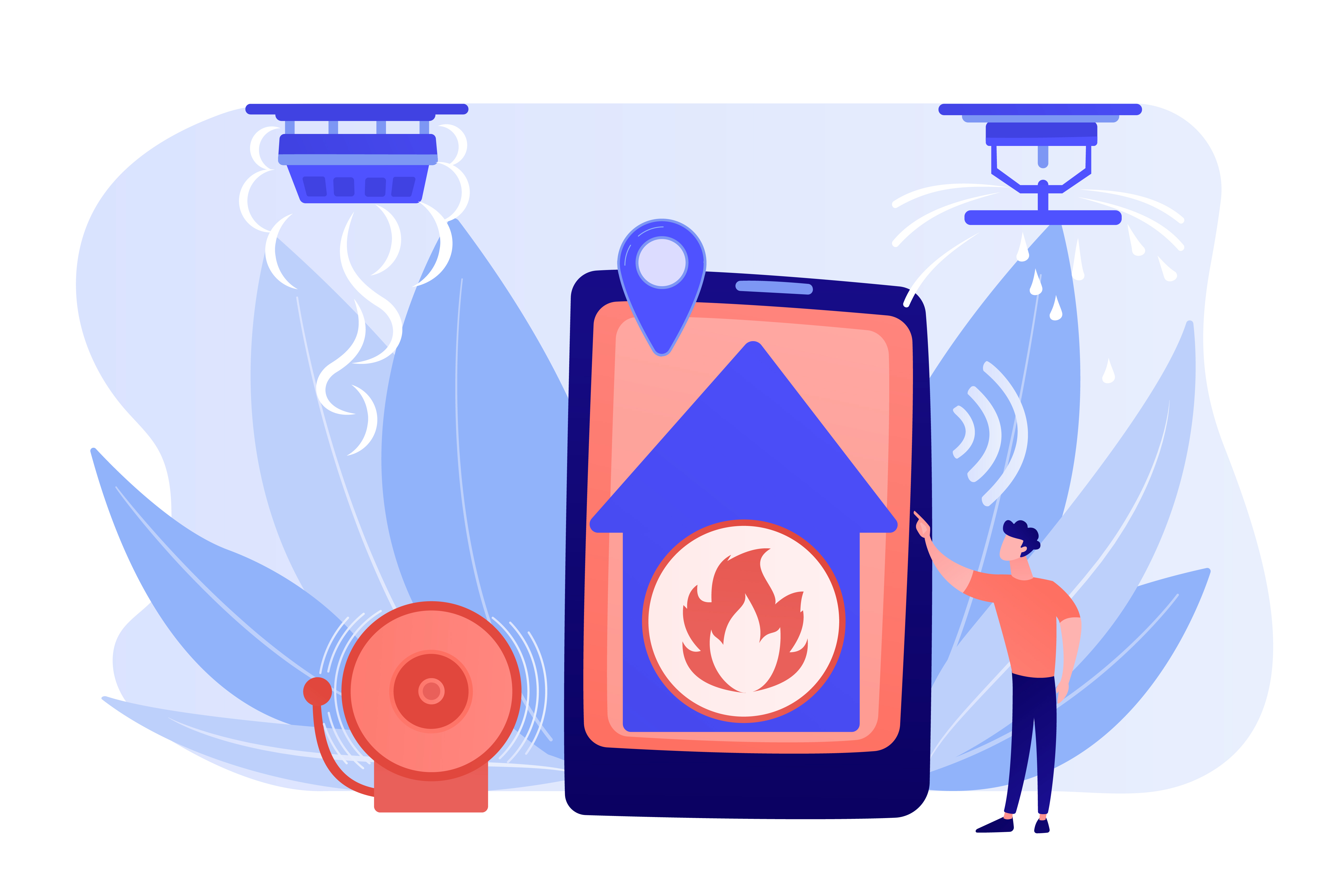 Graphic of a fire alarm app displaying alarm signals and safety features for quick access during emergencies.