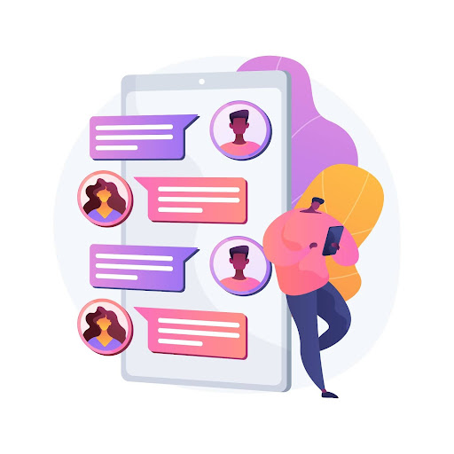 Vector graphic of people interacting on a smartphone, representing social connectivity in the digital age.