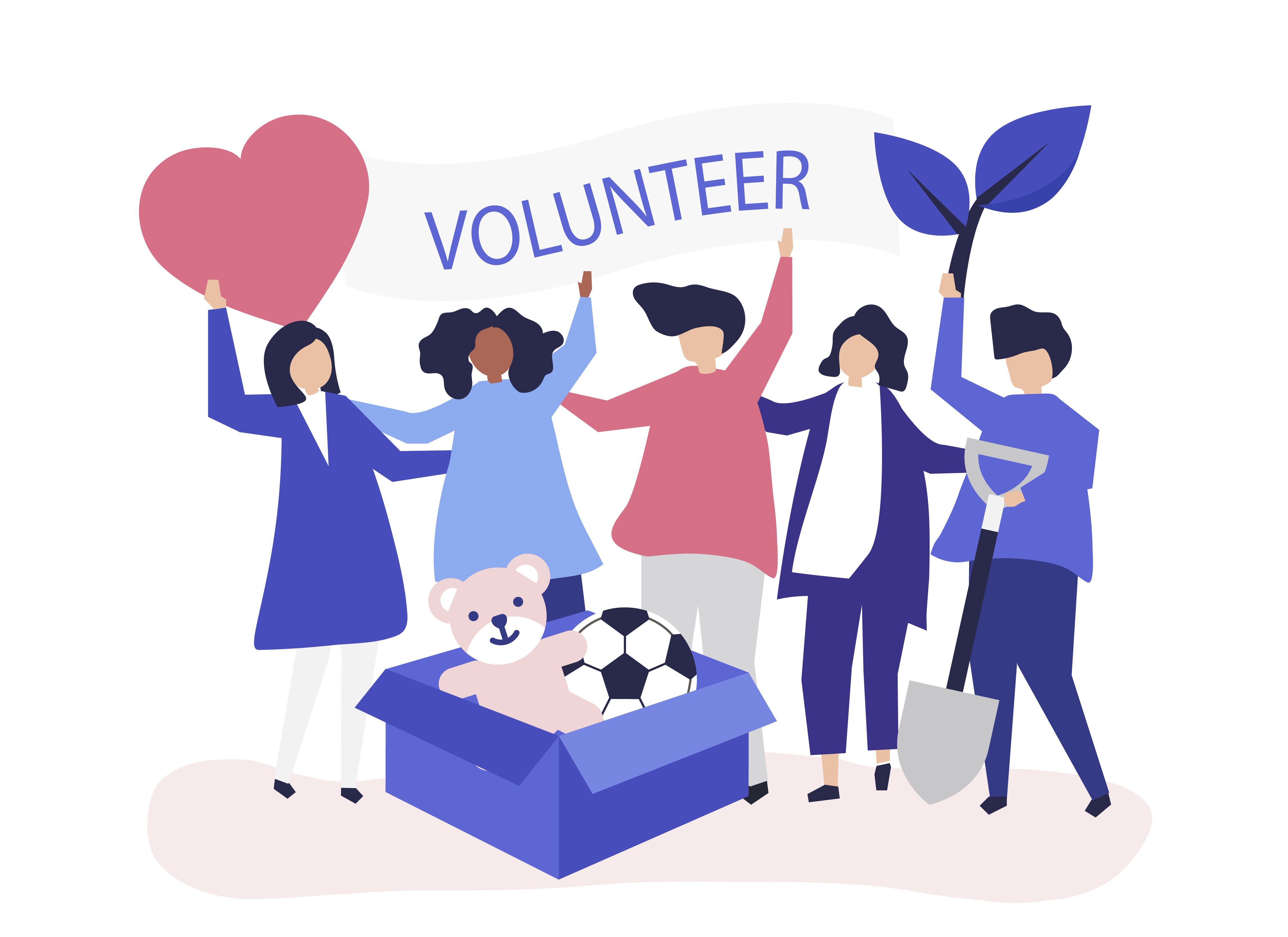 Colorful vector illustration in flat design, representing volunteers uniting for a cause, highlighting teamwork and community spirit.