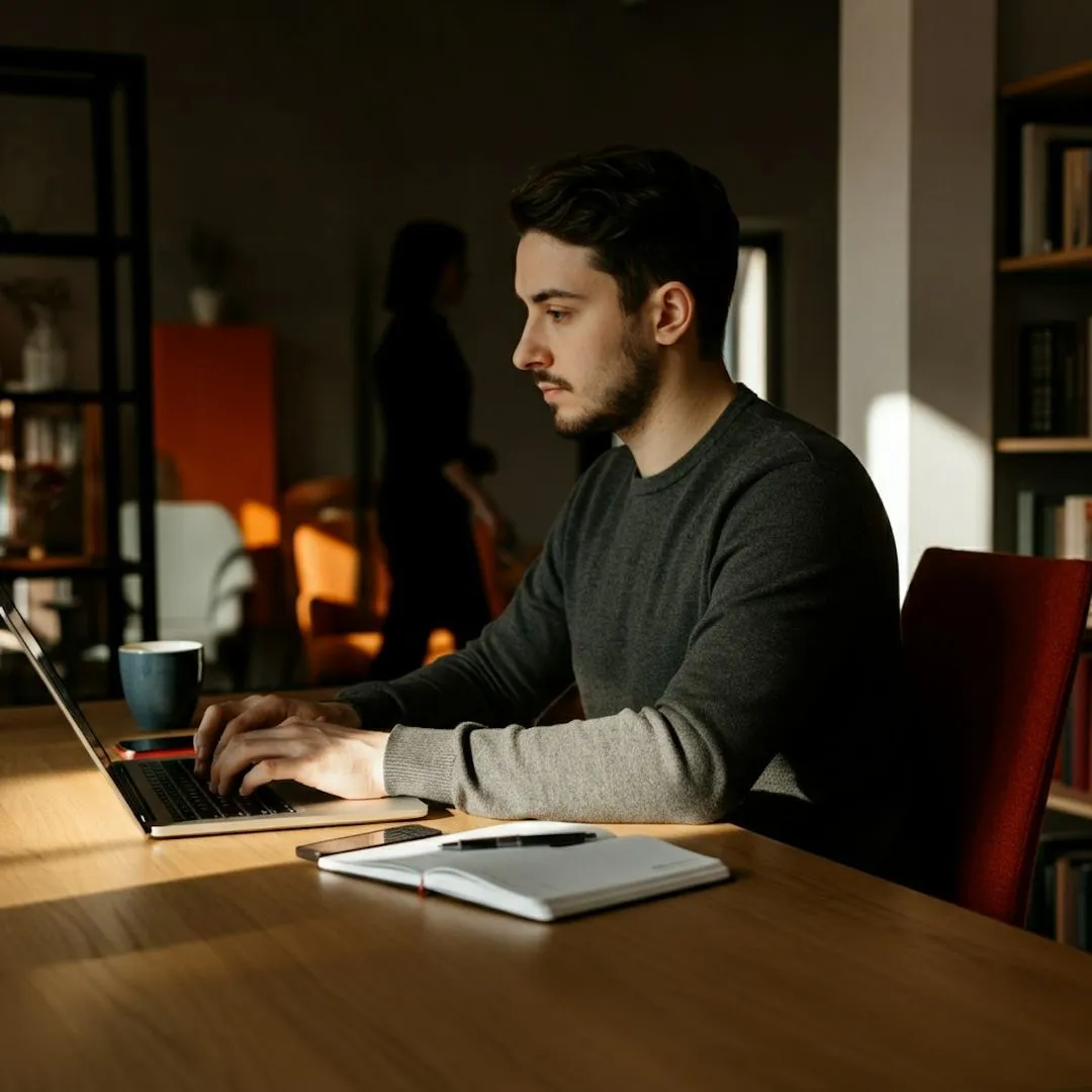 A man sitting in front of a laptop computer.