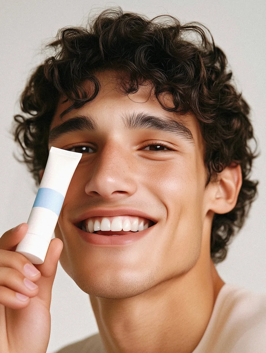 A smiling young man holding a tube of toothpaste.