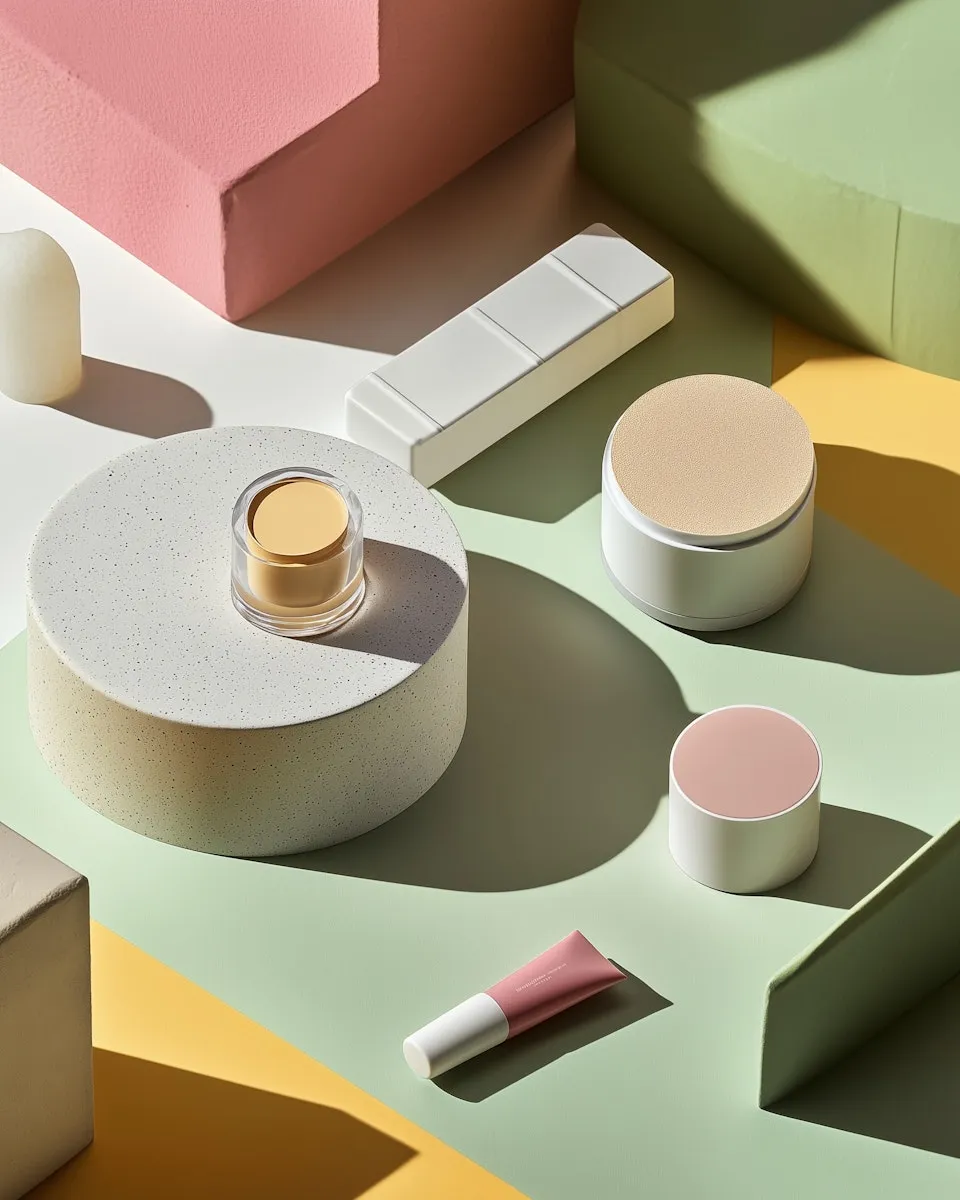 A variety of cosmetics products sitting on a table.