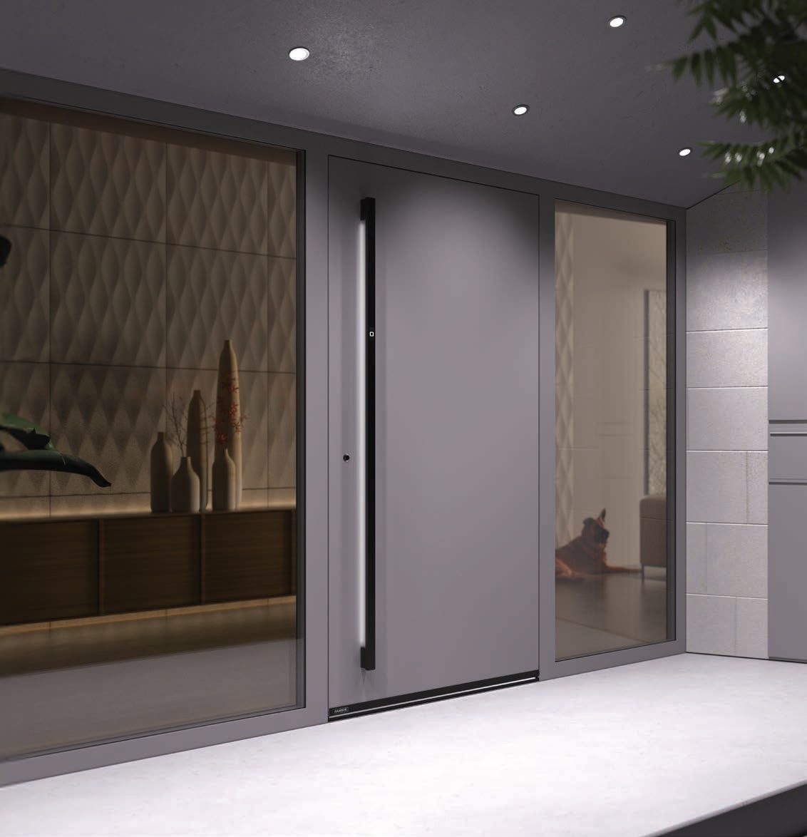 Intrare modernă seara, cu mâner de tras iluminat SmartLux