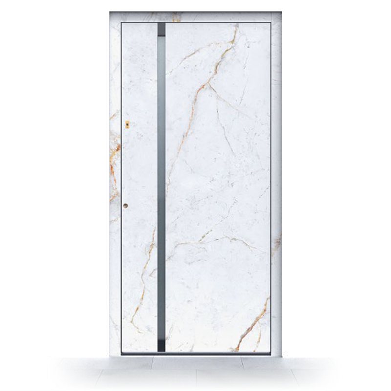 Ușă de intrare Pirnar Ultimum 624 GLASS, Piatră sinterizată Abu Dhabi White · PVD Copper Dusk