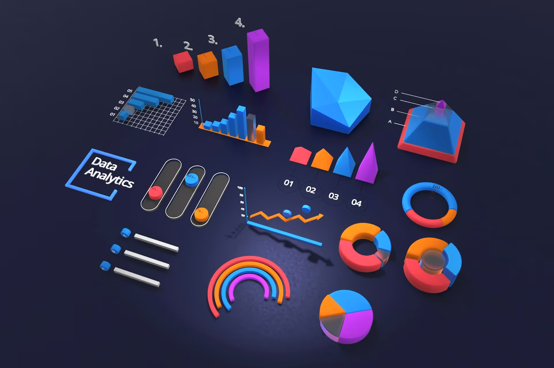 Ein 3D Rendering welches verschiedene Graphen und Diagramme zur Datenanalyse enthält