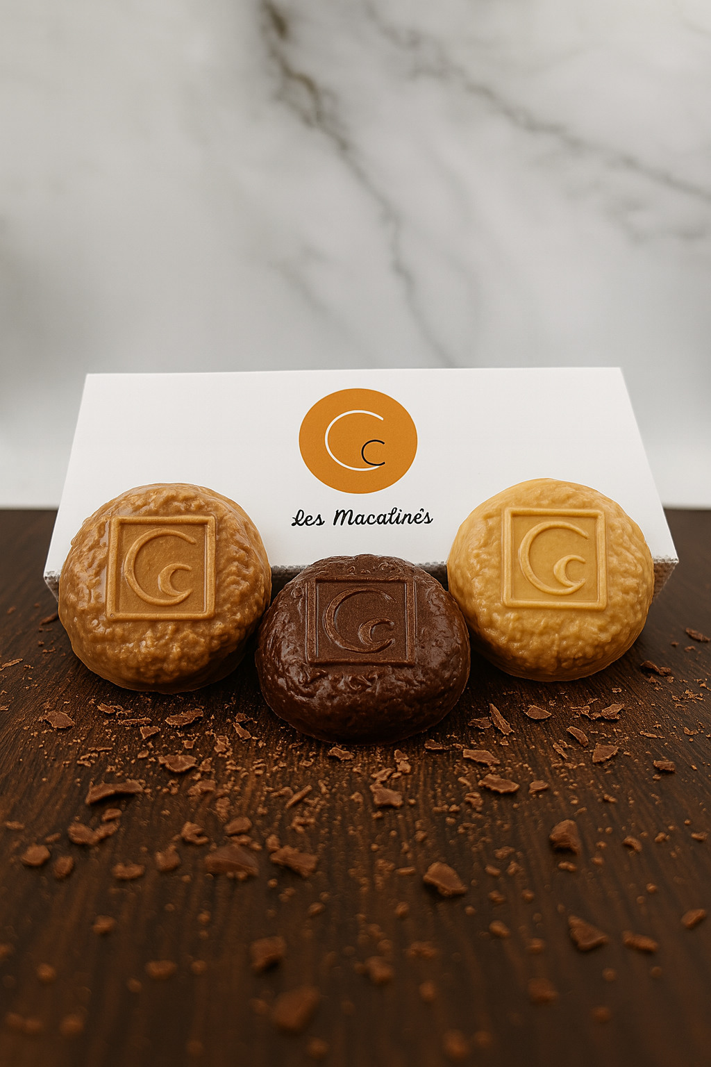 Macalinés, spécialité emblématique de la Maison Charrier, présentés sur une table en bois avec des copeaux de chocolat tout autour.