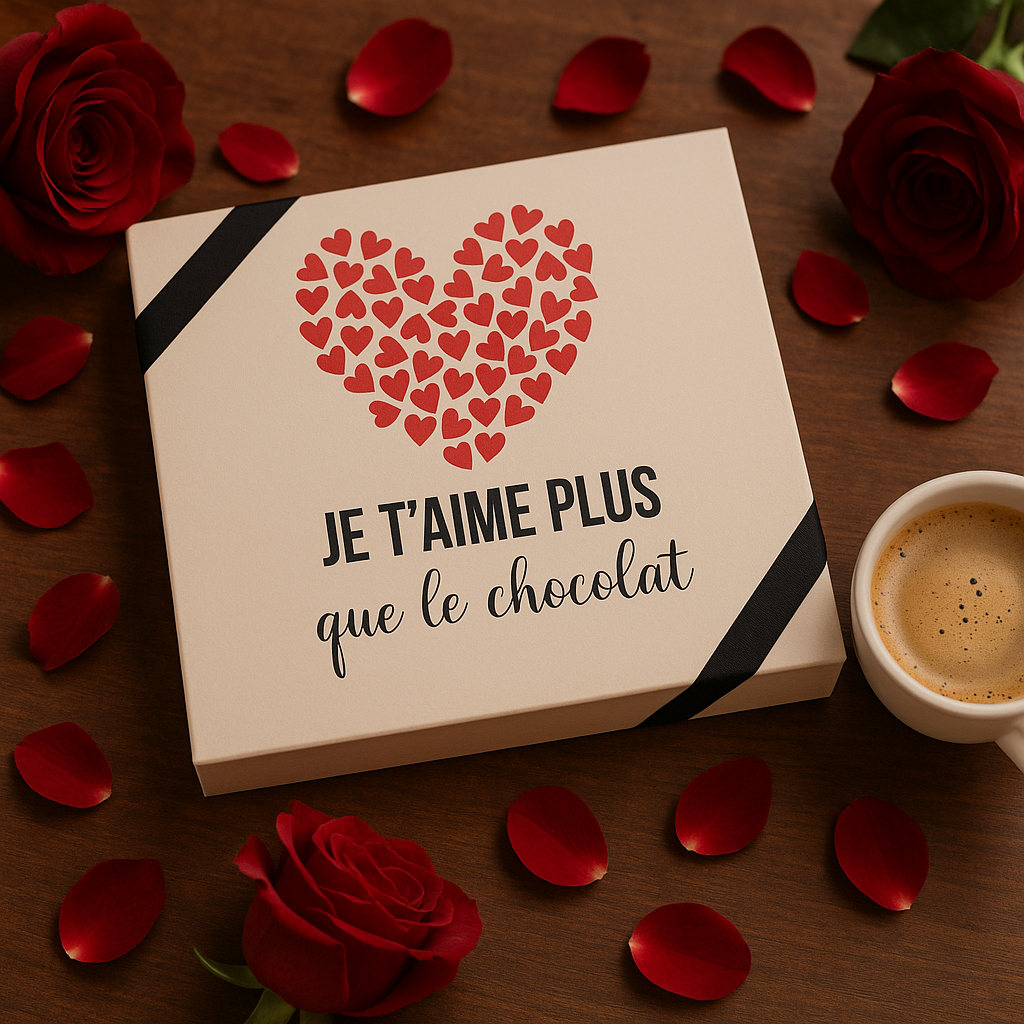 Coffret cadeau avec des pétales de rose et une tasse de café, idéal pour offrir les chocolats artisanaux de la Maison Charrier.