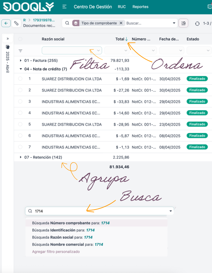 Interfaz de Dooqly con clasificación inteligente de comprobantes por tipo y proveedor