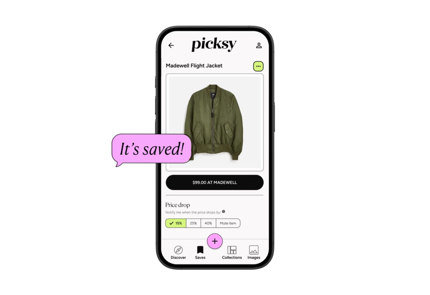 Picksy app on a phone saving a jacket with an It's saved message