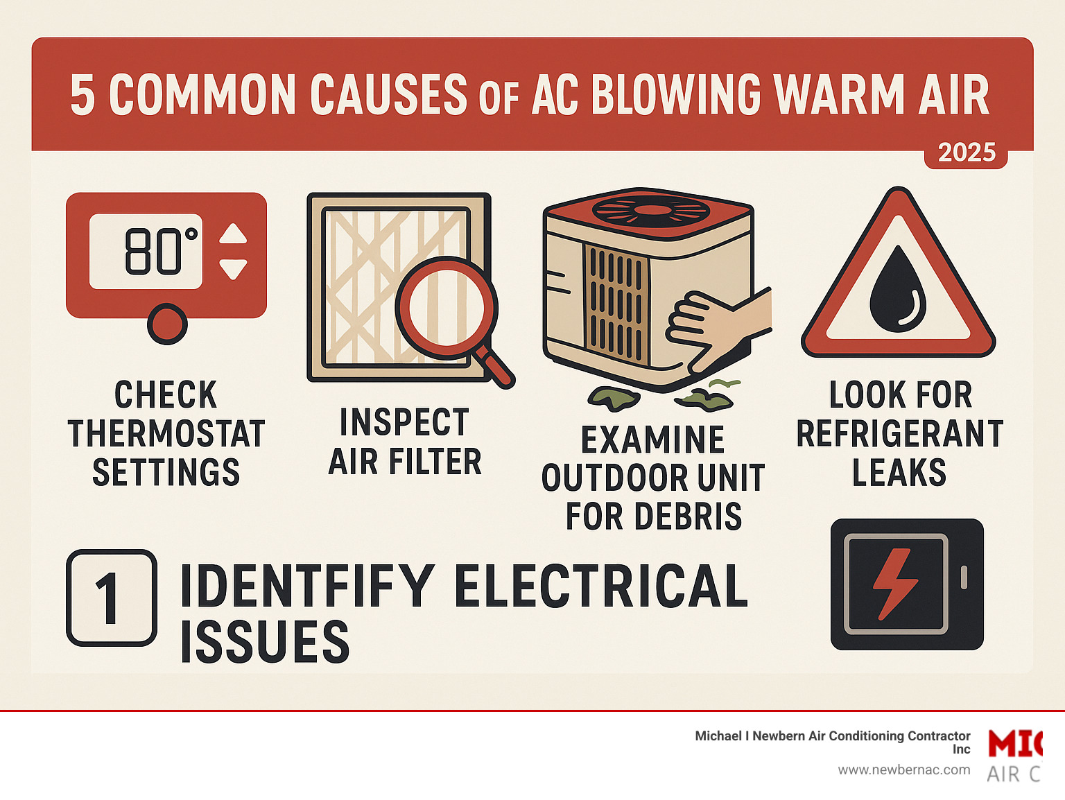 Infographic of 5 causes for AC blowing warm air: thermostat settings, air filter, outdoor unit debris, refrigerant leaks, electrical issues.