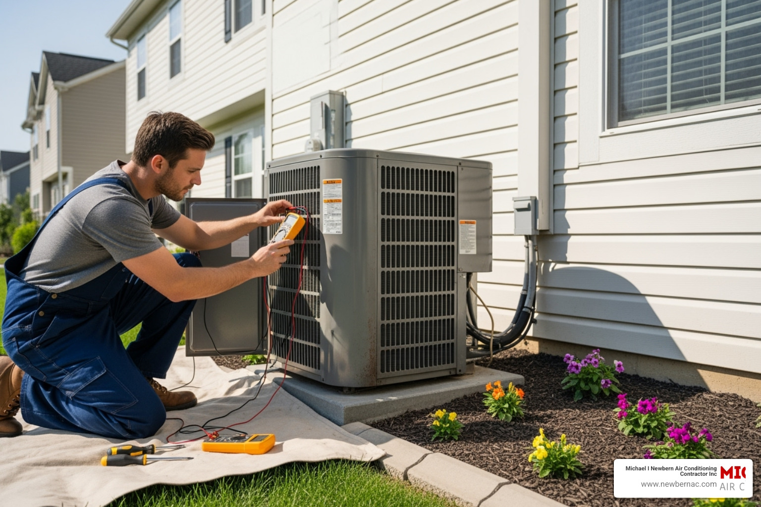 An HVAC technician inspecting the outdoor unit of an air conditioning system - AC blowing warm air