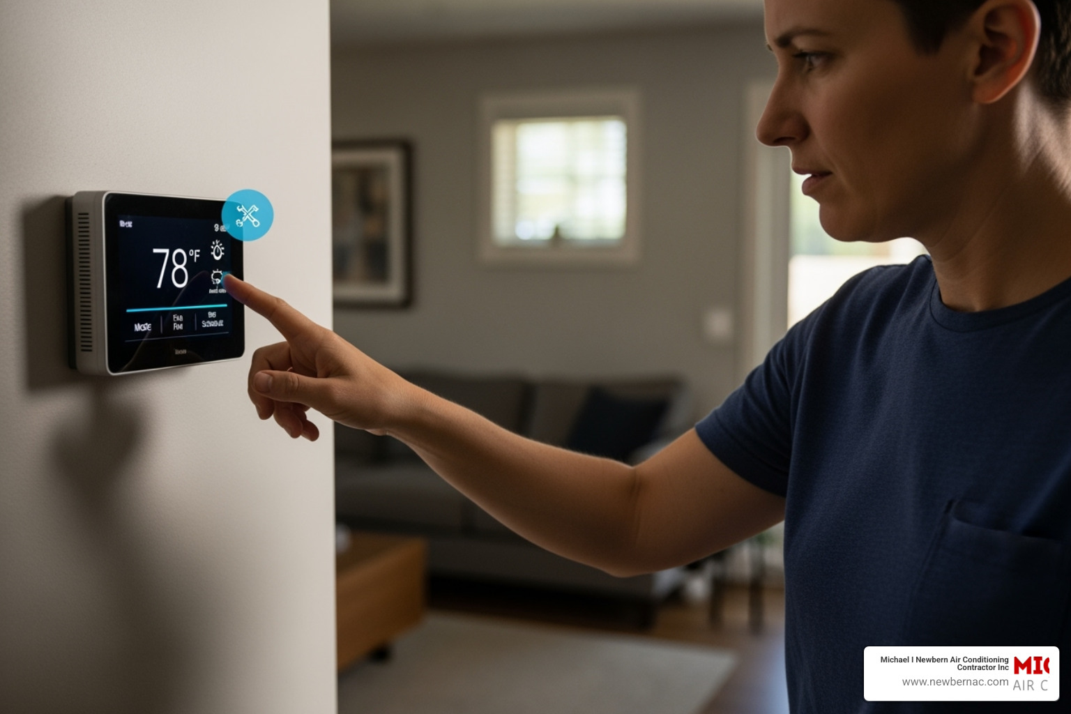 A homeowner checking their thermostat settings to troubleshoot a warm AC - AC blowing warm air