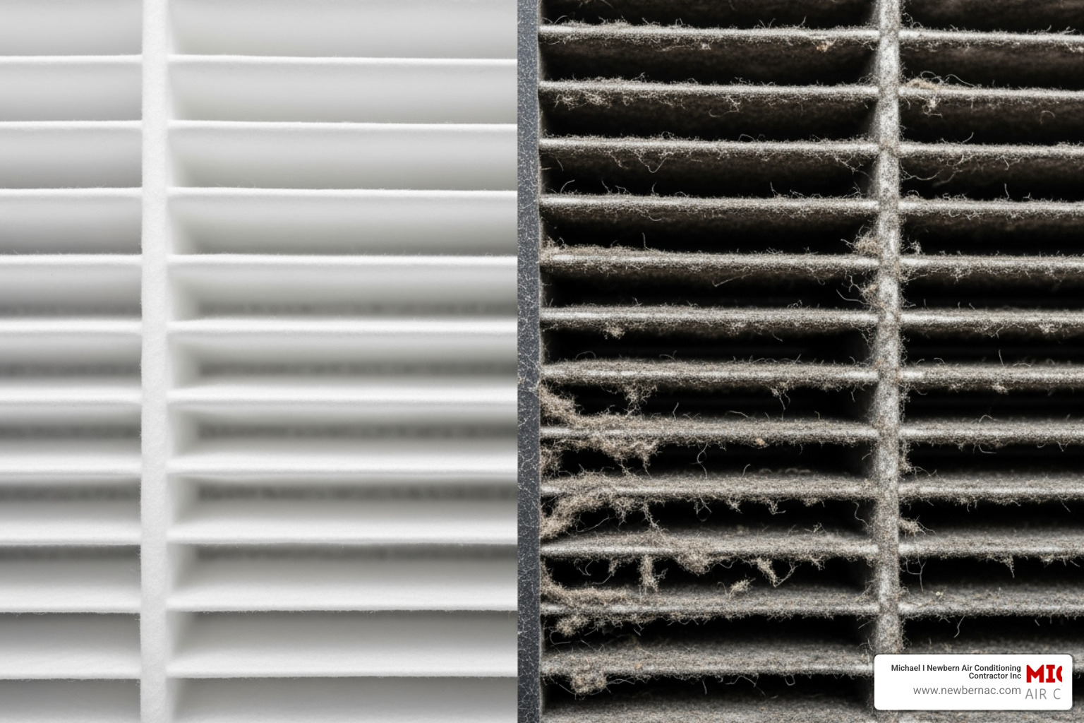 A side-by-side comparison of a clean AC filter and a dirty, clogged AC filter - AC blowing warm air