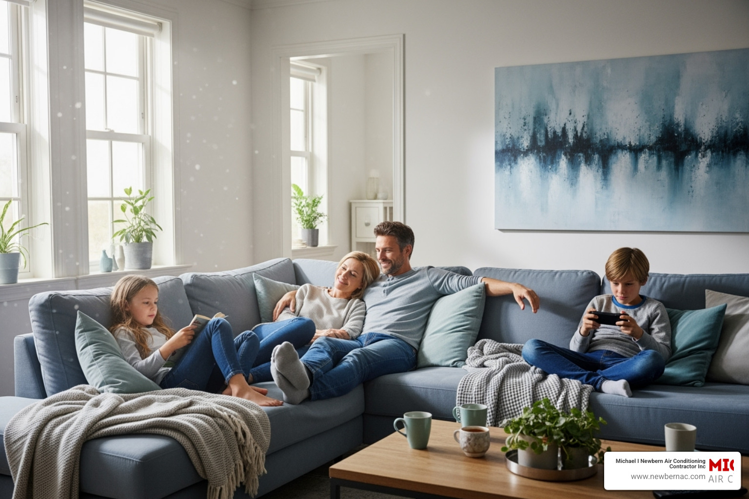 Family of four relaxing on a blue-grey sectional sofa in a bright living room.