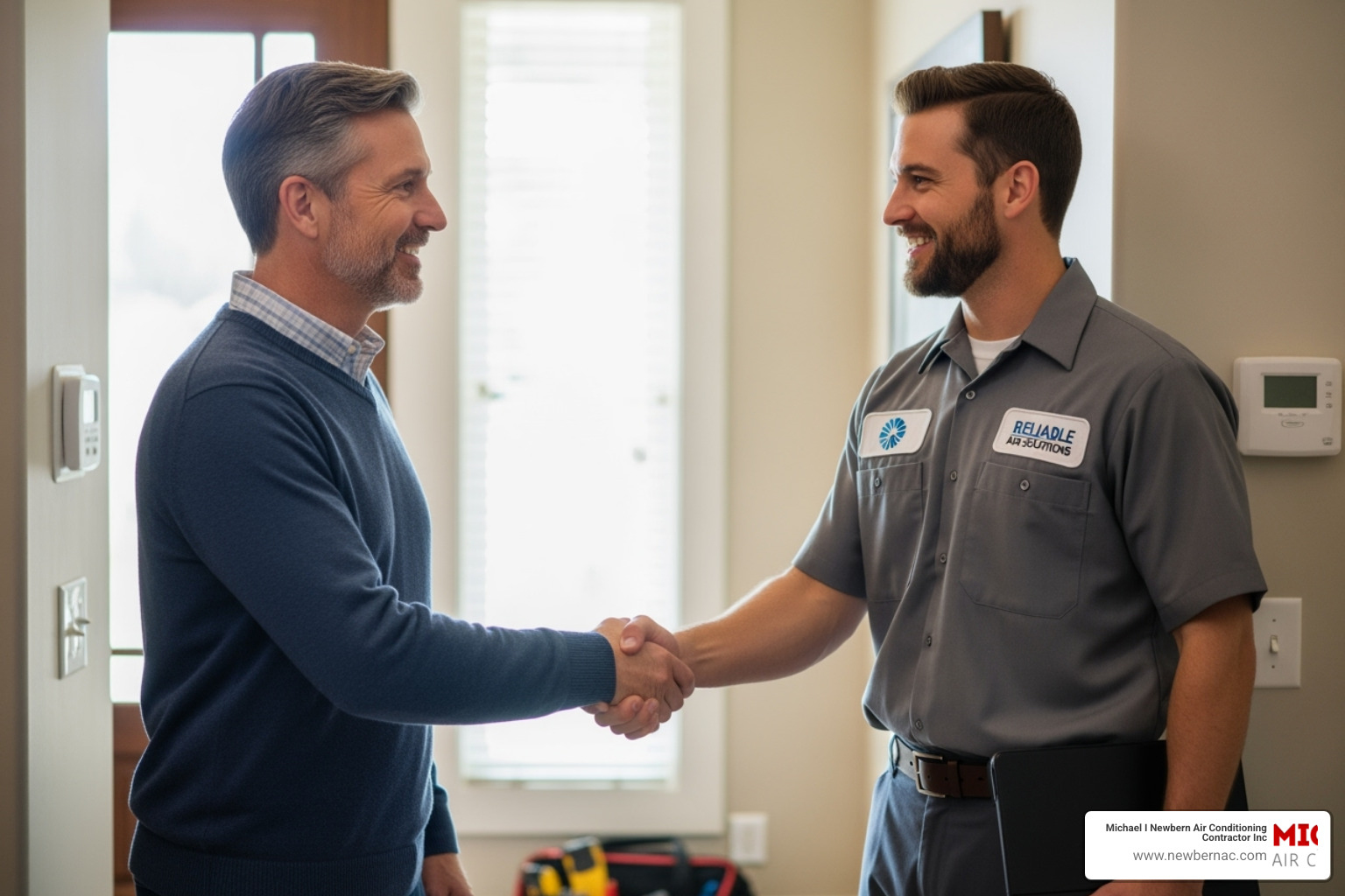 Homeowner shaking hands with HVAC technician in modern home