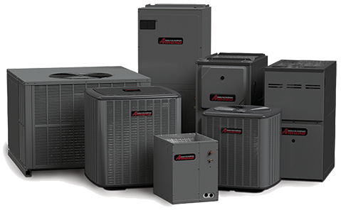 Amana HVAC equipment including outdoor condensers and indoor furnaces