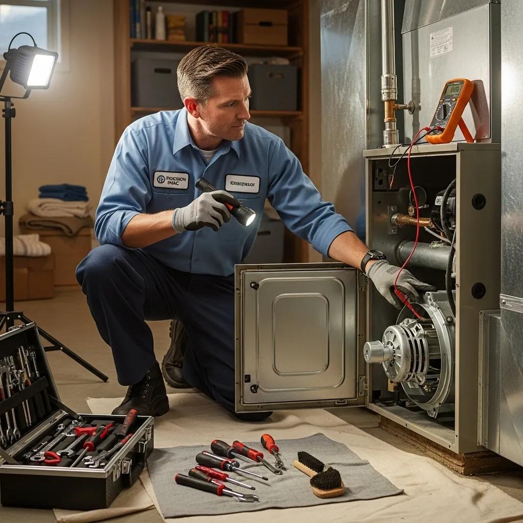 Technician inspecting a furnace blower motor