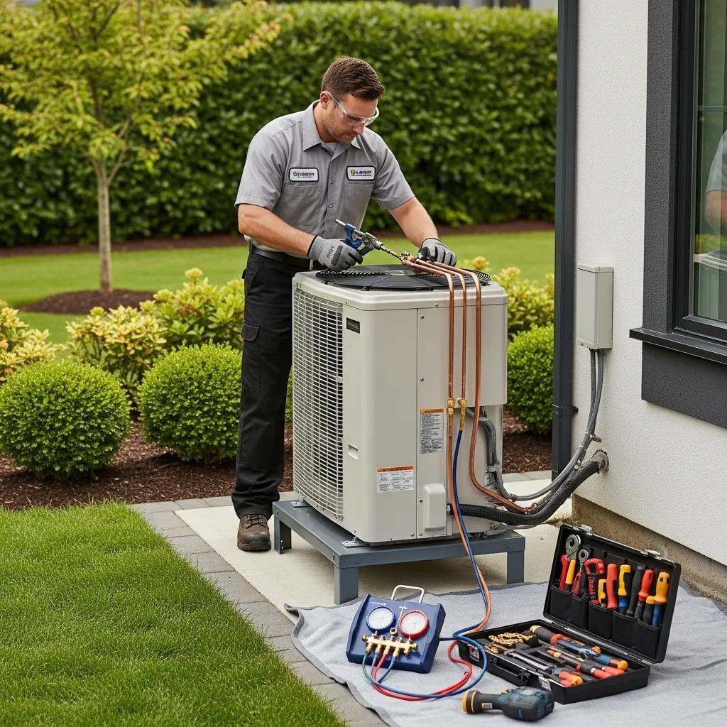 HVAC technician installing a modern air conditioning unit in a residential setting