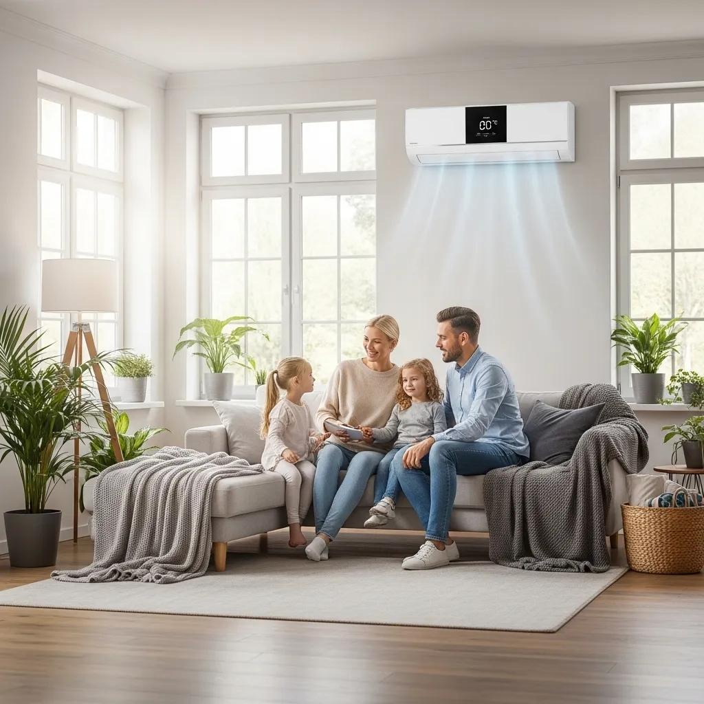 Modern energy-efficient air conditioning unit in a bright and comfortable living room