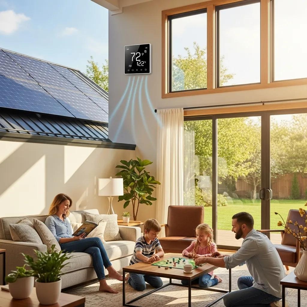 Modern home showcasing energy-efficient features like solar panels and a programmable thermostat