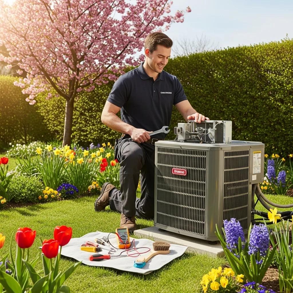 Technician performing spring maintenance on an air conditioning unit in a sunny garden