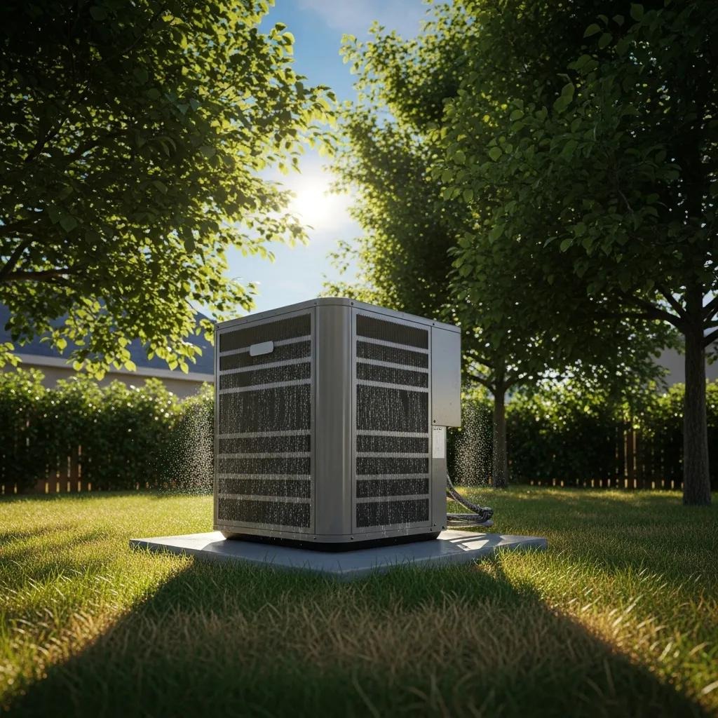 Residential air conditioning unit in a sunny backyard, representing the importance of diagnosing and fixing AC noises