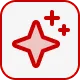 Red and white icon of a sparkle or star with a plus sign