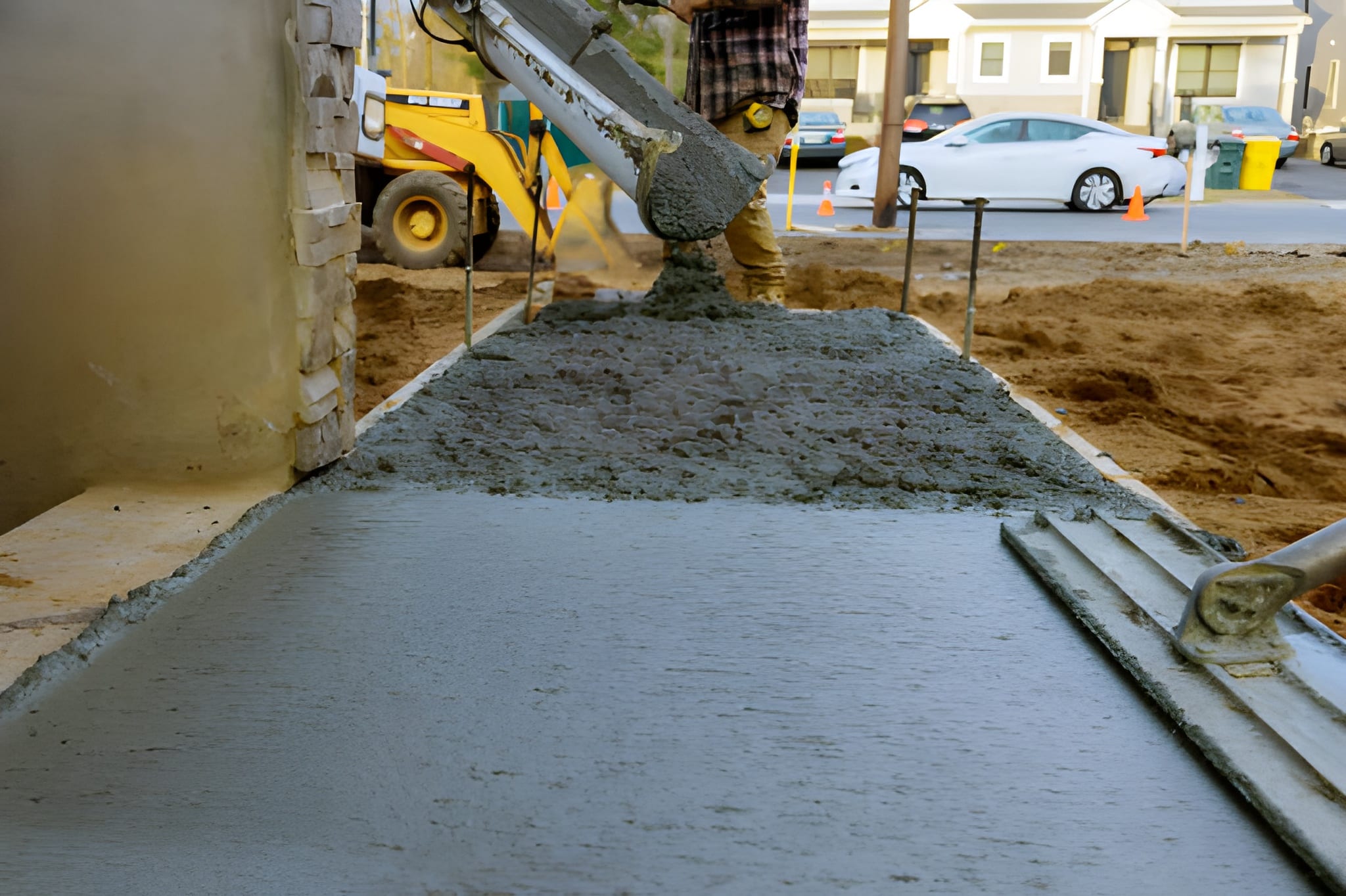 Workers pouring and leveling fresh concrete at a construction site