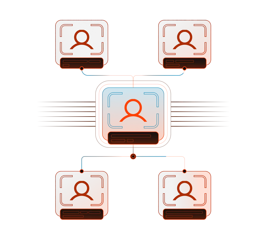 3D network diagram of multiple connected profile icons.